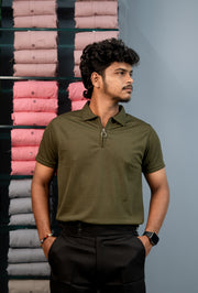 Korean Style Men's Short Sleeve MARIO RIB T-Shirt with Zipper Collar - Mahendhi Green